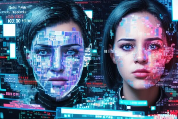 Digital glitch effect on a human face representing an AI-generated hit piece and misinformation.