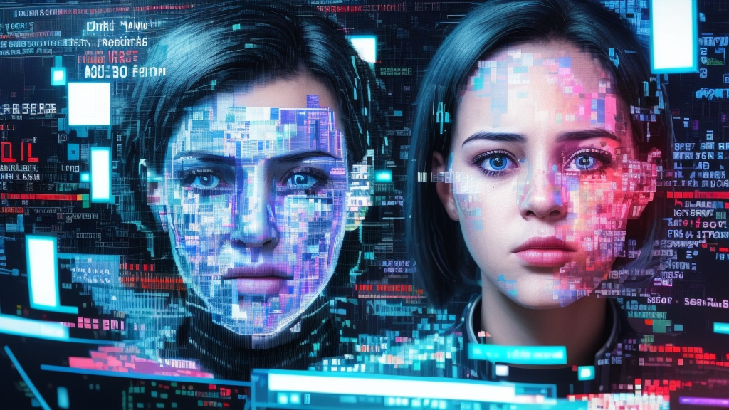 Digital glitch effect on a human face representing an AI-generated hit piece and misinformation.