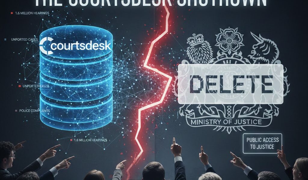 Infographic comparing Courtsdesk database metrics (1.6 million hearings) with the Ministry of Justice (MoJ) deletion order.
