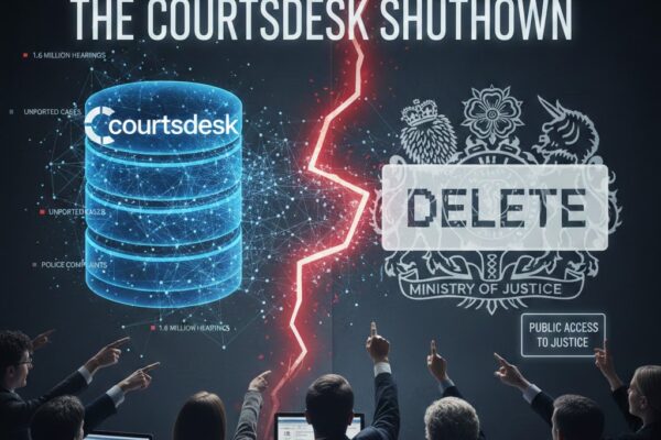Infographic comparing Courtsdesk database metrics (1.6 million hearings) with the Ministry of Justice (MoJ) deletion order.