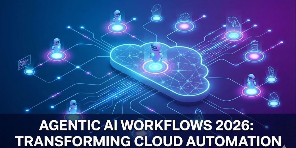 A futuristic dashboard showing Agentic AI workflows 2026 integrated with cloud servers