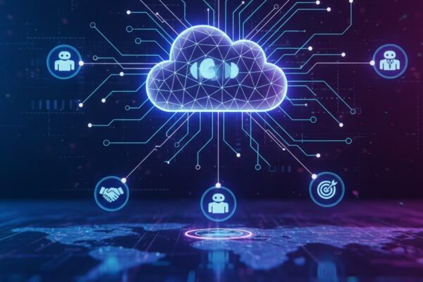 A futuristic and professional high-tech graphic illustrating Agentic AI workflows 2026, featuring a central glowing digital cloud brain connected to various autonomous task icons like search, robotics, and global connectivity over a neon-lit digital world map.