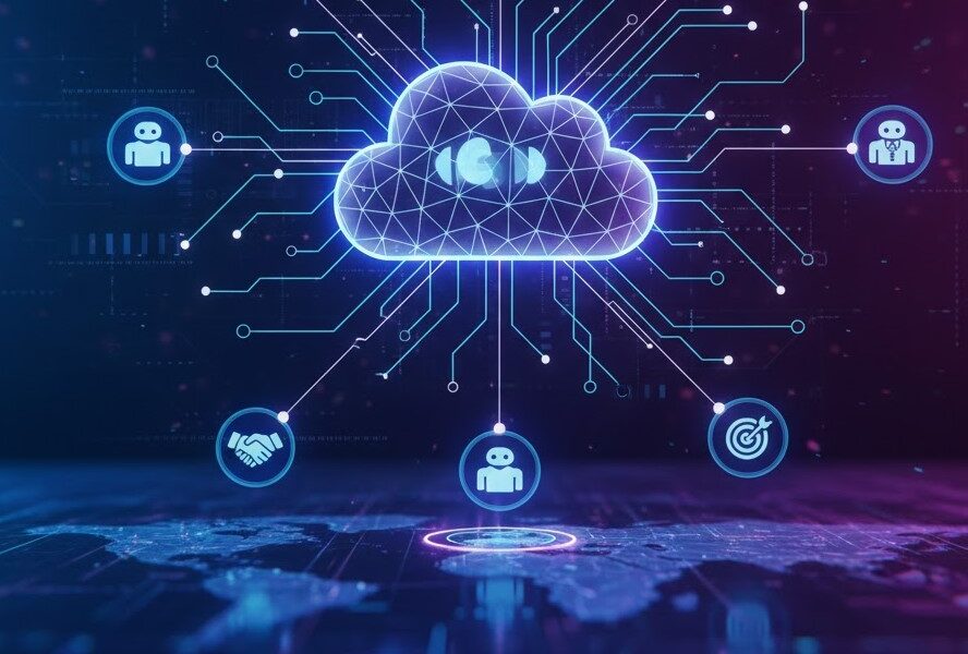 A futuristic and professional high-tech graphic illustrating Agentic AI workflows 2026, featuring a central glowing digital cloud brain connected to various autonomous task icons like search, robotics, and global connectivity over a neon-lit digital world map.