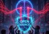 A futuristic digital illustration showing a glowing blue brain representing AI attacking a shield labeled Open Source, surrounded by concerned developers in 2026.