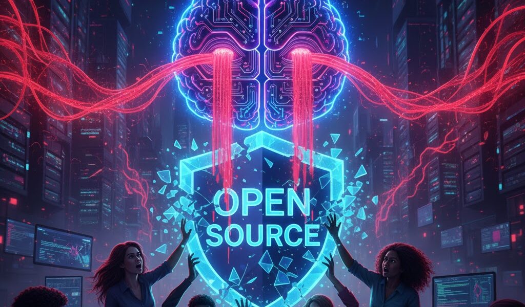 A futuristic digital illustration showing a glowing blue brain representing AI attacking a shield labeled Open Source, surrounded by concerned developers in 2026.