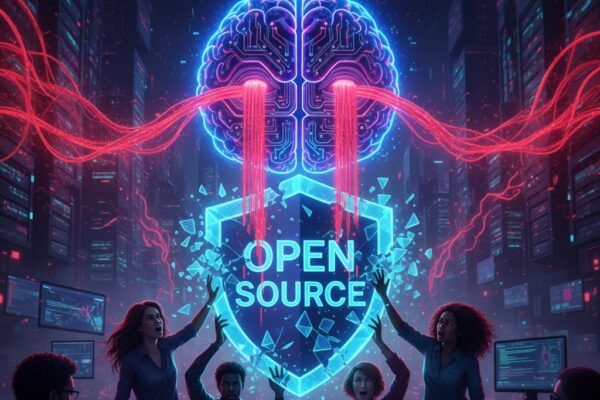 A futuristic digital illustration showing a glowing blue brain representing AI attacking a shield labeled Open Source, surrounded by concerned developers in 2026.