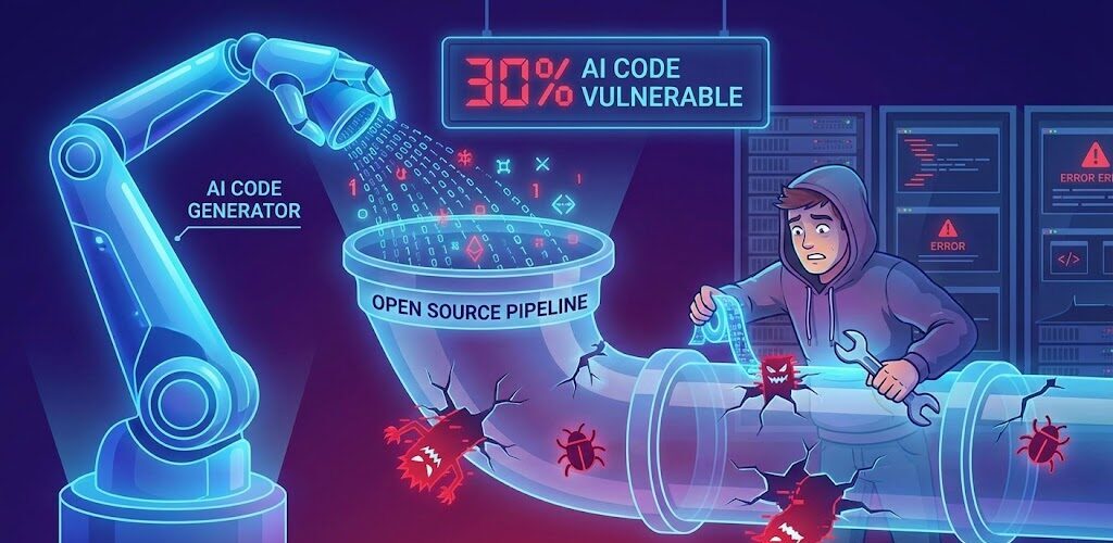Infographic illustration showing a robot pouring AI-generated code into a leaky pipeline labeled 'Open Source Project', with security bugs escaping through cracks while a human developer tries to fix them. Text overlay reads '30% AI Code Vulnerable'