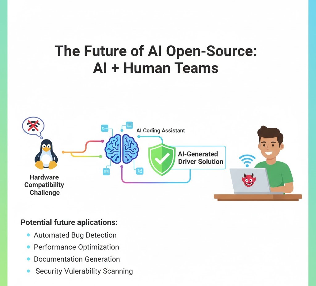 A bright, flat-design infographic showing the process of solving hardware compatibility challenges through AI coding assistants and human verification, leading to stable driver solutions.