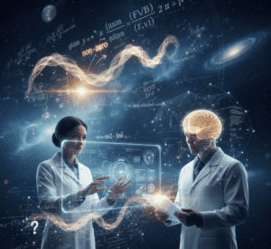A human scientist and an AI-powered digital interface working together on complex physics equations.