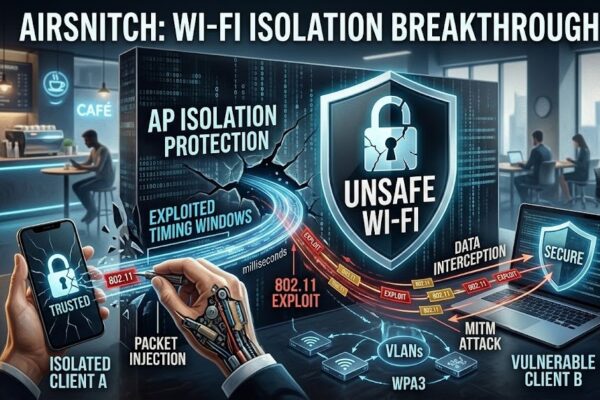 A high-tech cybersecurity infographic titled 'AirSnitch: Wi-Fi Isolation Breakthrough' showing a cracked 'AP Isolation' wall being bypassed by '802.11 Exploits' and 'Packet Injection' to allow 'Data Interception' between two isolated devices in a café setting.