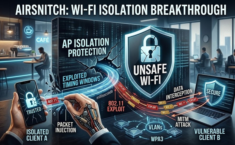 A high-tech cybersecurity infographic titled 'AirSnitch: Wi-Fi Isolation Breakthrough' showing a cracked 'AP Isolation' wall being bypassed by '802.11 Exploits' and 'Packet Injection' to allow 'Data Interception' between two isolated devices in a café setting.