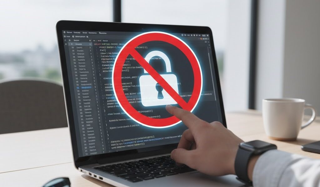 A professional workspace featuring a laptop with code on the screen and a digital red "prohibited" lock symbol overlay, representing Anthropic's ban on third-party subscription authentication.