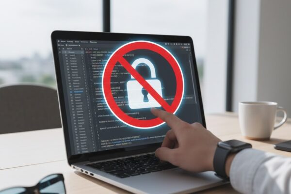 A professional workspace featuring a laptop with code on the screen and a digital red "prohibited" lock symbol overlay, representing Anthropic's ban on third-party subscription authentication.