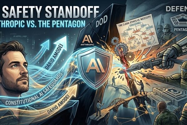 A high-impact conceptual graphic titled 'AI Safety Standoff' showing a glowing blue Constitutional AI shield held by a person representing Dario Amodei, resisting a mechanical military gauntlet representing the Department of Defense.