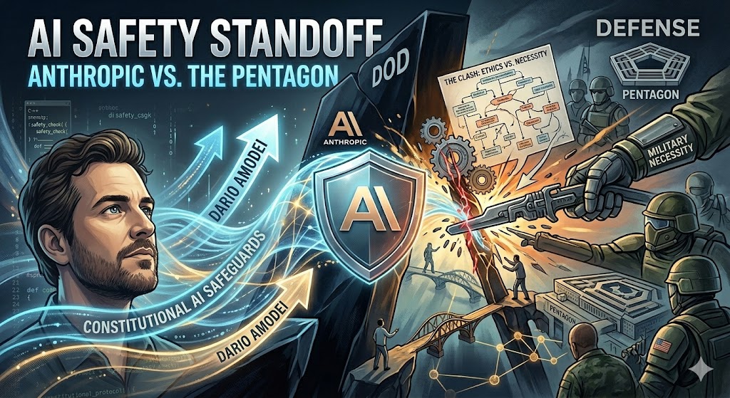 A high-impact conceptual graphic titled 'AI Safety Standoff' showing a glowing blue Constitutional AI shield held by a person representing Dario Amodei, resisting a mechanical military gauntlet representing the Department of Defense.