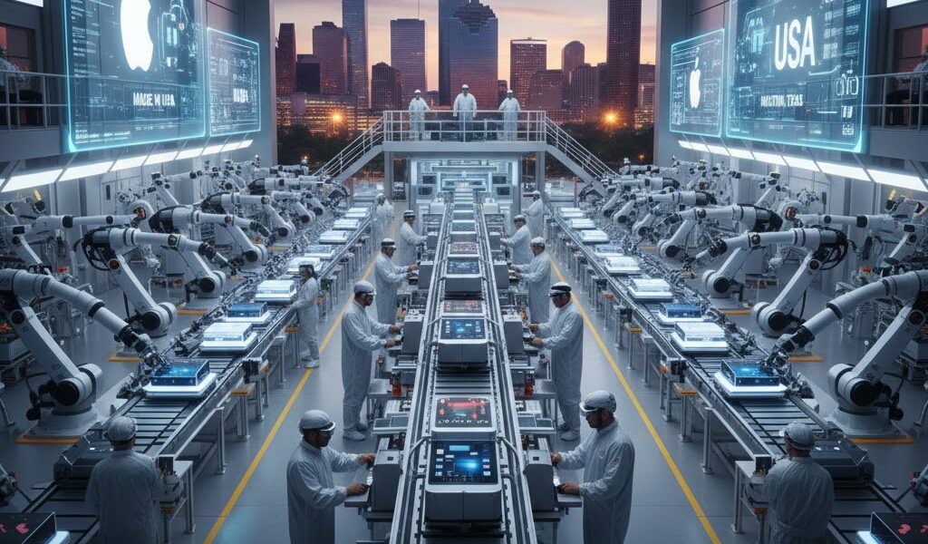 A wide-angle view of a futuristic Apple manufacturing facility in Houston, Texas, showing automated robotic arms assembling Mac mini computers with the Houston skyline visible in the background.