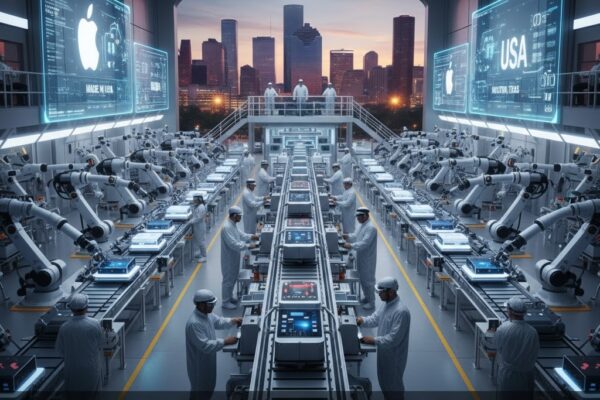 A wide-angle view of a futuristic Apple manufacturing facility in Houston, Texas, showing automated robotic arms assembling Mac mini computers with the Houston skyline visible in the background.