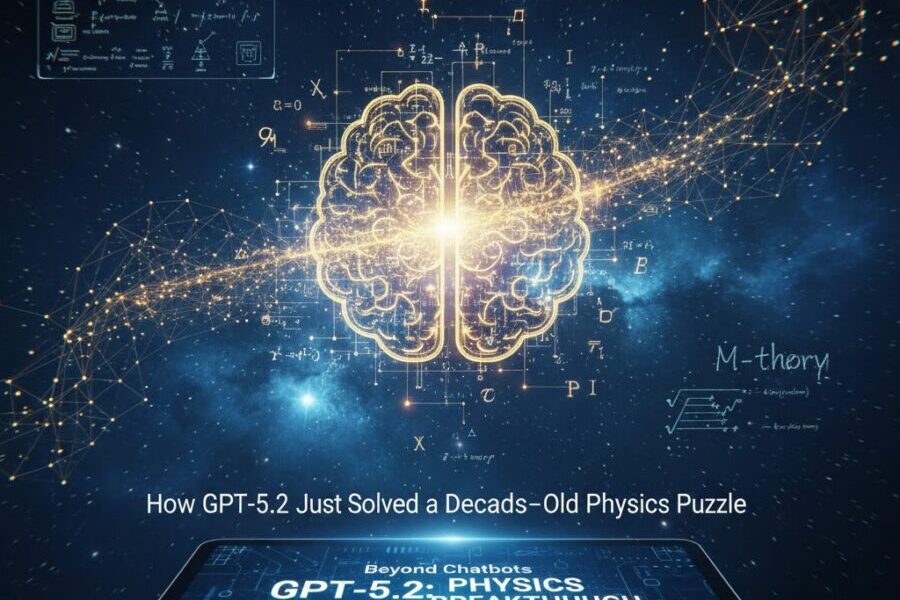 Digital brain illustrating GPT-5.2 achieving a theoretical physics breakthrough.