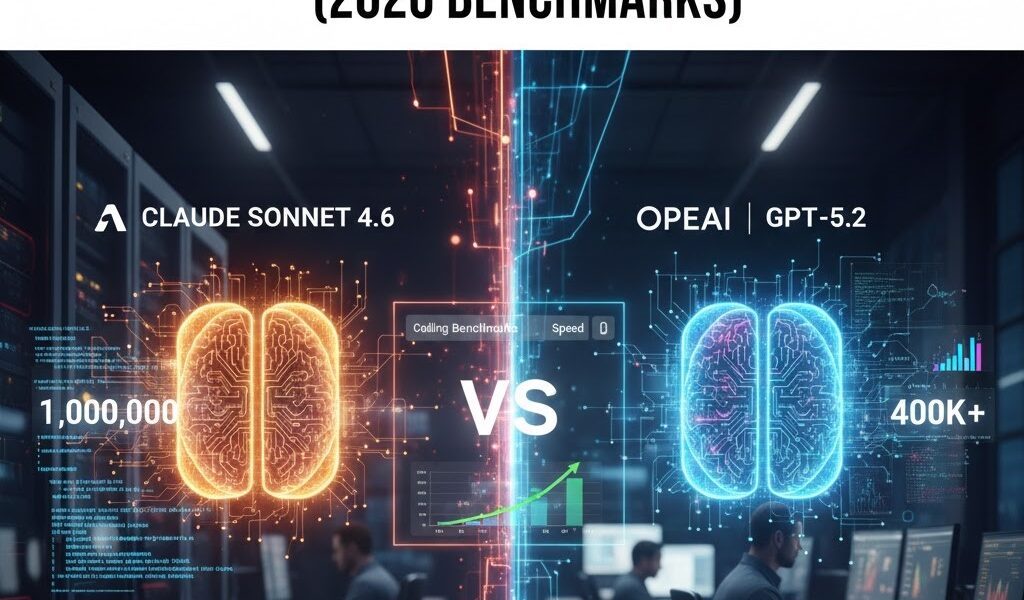A high-tech comparison graphic showing Claude Sonnet 4.6 (1,000,000 context) vs GPT-5.2 (400k context) in a dark server room setting with glowing data visualizations and professional developers