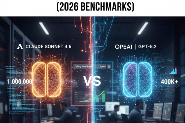 A high-tech comparison graphic showing Claude Sonnet 4.6 (1,000,000 context) vs GPT-5.2 (400k context) in a dark server room setting with glowing data visualizations and professional developers