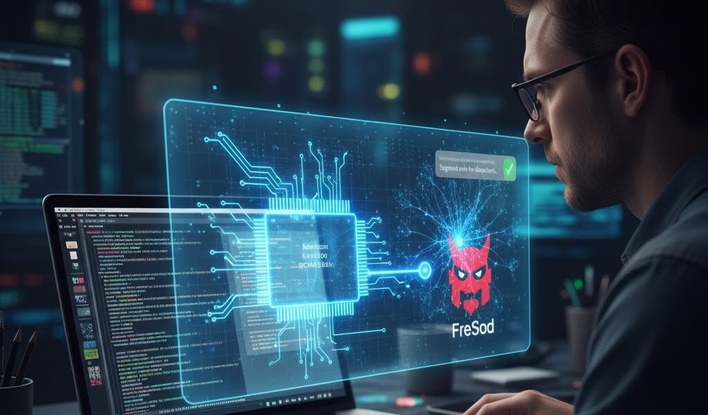 A close-up view of a high-tech monitor displaying FreeBSD kernel C-code with neon blue syntax highlighting, representing AI-assisted driver development.