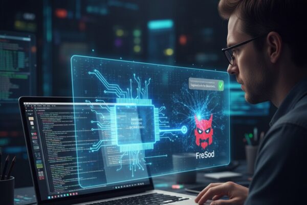 A close-up view of a high-tech monitor displaying FreeBSD kernel C-code with neon blue syntax highlighting, representing AI-assisted driver development.