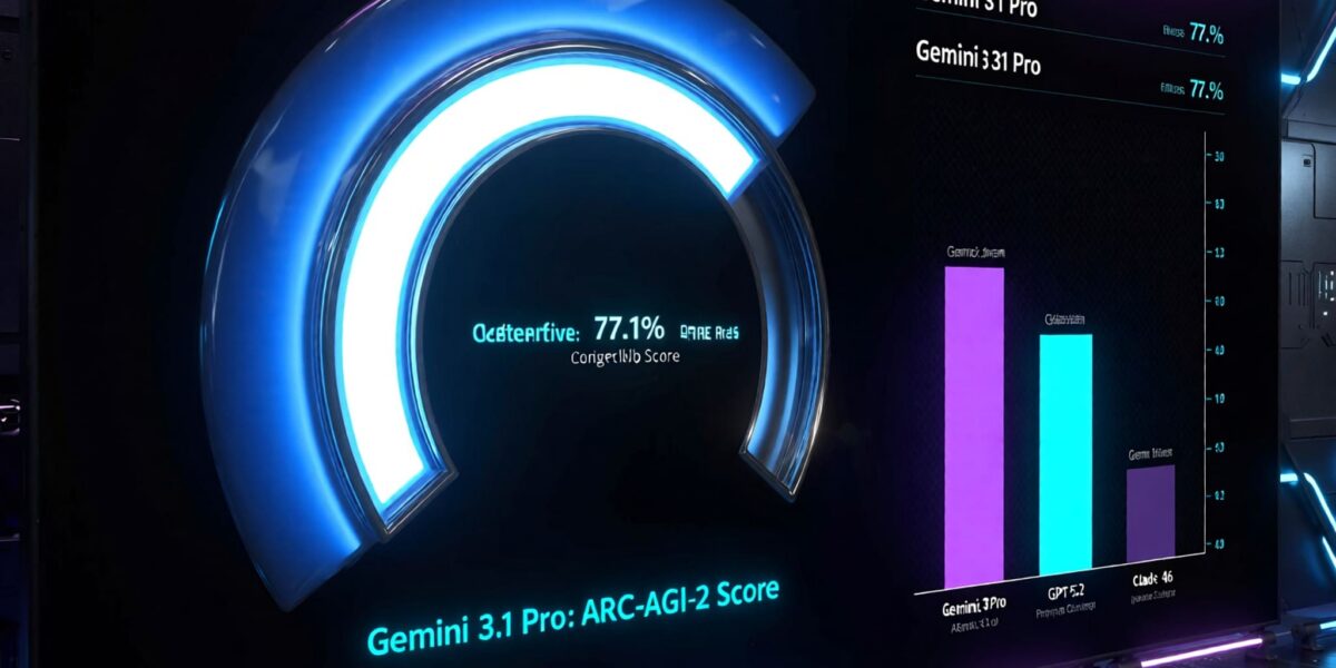 A professional tech dashboard showing Gemini 3.1 Pro benchmark scores (77.1% ARC-AGI-2) compared to GPT-5.2 and Claude 4.6.