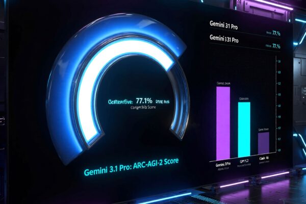 A professional tech dashboard showing Gemini 3.1 Pro benchmark scores (77.1% ARC-AGI-2) compared to GPT-5.2 and Claude 4.6.