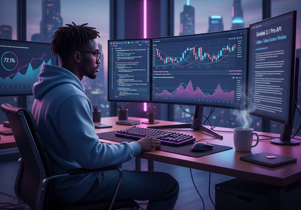 A developer with dreadlocks and glasses is focused on multiple curved monitors in a futuristic office at dusk.