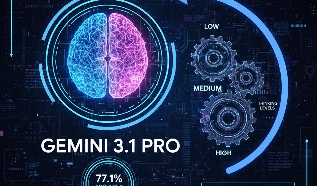 A professional high-tech infographic of Gemini 3.1 Pro featuring a glowing pink and blue neural brain. The image displays a 77.1% ARC-AGI-2 reasoning score, a 1 million token context window, and mechanical gears illustrating the new 'Low', 'Medium', and 'High' Thinking Levels on a futuristic dark circuit background.