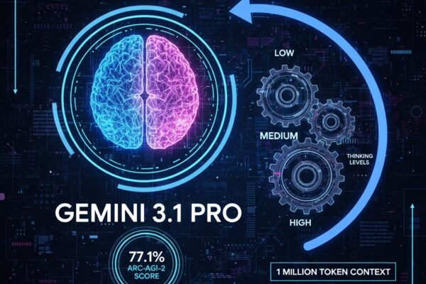 A professional high-tech infographic of Gemini 3.1 Pro featuring a glowing pink and blue neural brain. The image displays a 77.1% ARC-AGI-2 reasoning score, a 1 million token context window, and mechanical gears illustrating the new 'Low', 'Medium', and 'High' Thinking Levels on a futuristic dark circuit background.