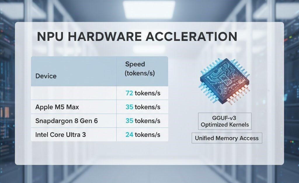 A technical comparison chart showing AI inference speeds for Apple M5 Max, Snapdragon 8 Gen 6, and Intel Core Ultra 3.