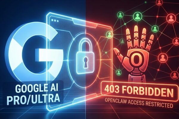 A split-screen digital graphic showing the Google AI Pro/Ultra logo on the left and a glowing red '403 Forbidden' error message on the right, representing the OpenClaw account restriction wave.