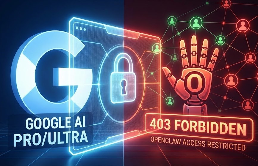 A split-screen digital graphic showing the Google AI Pro/Ultra logo on the left and a glowing red '403 Forbidden' error message on the right, representing the OpenClaw account restriction wave.