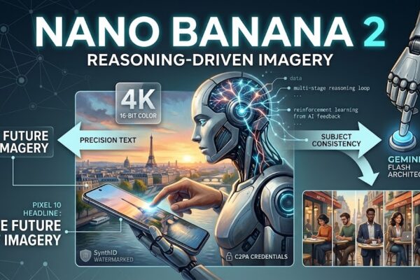 A professional technical infographic for Google's Nano Banana 2, showing a central cyborg head with glowing neural pathways, a 4K resolution landscape of Paris, 16-bit color depth icons, and a character consistency sheet, all under the header 'Reasoning-Driven Imagery'.