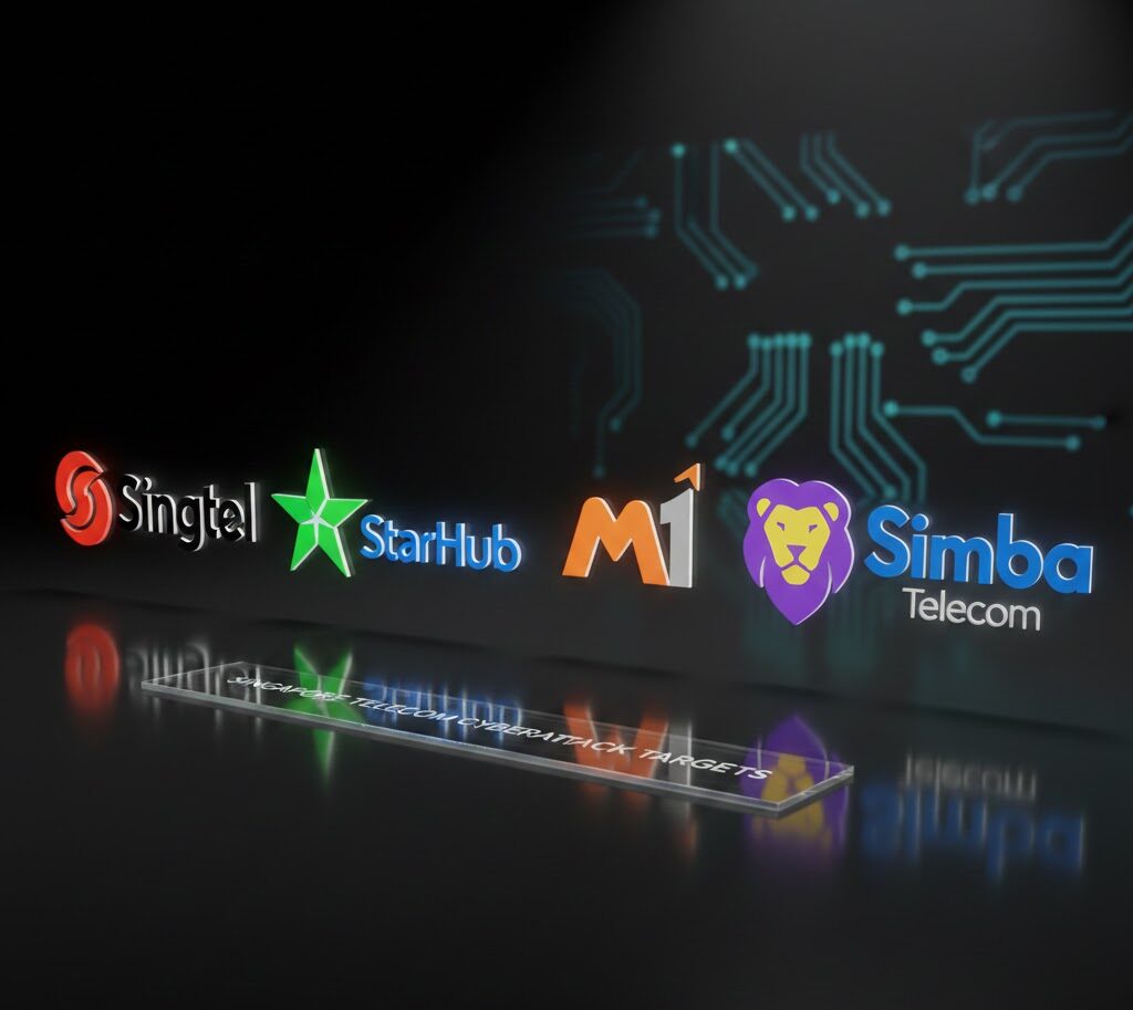 Four major telecommunications providers in Singapore: Singtel, StarHub, M1, and Simba Telecom