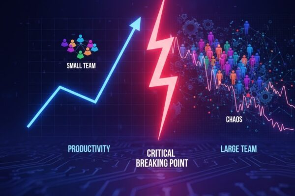 A high-impact featured image for a tech blog showing a glowing blue line graph representing 'Productivity' in a 'Small Team' hitting a red lightning bolt 'Critical Breaking Point,' which leads to a fragmented, chaotic 'Large Team' network on a dark digital circuit background.