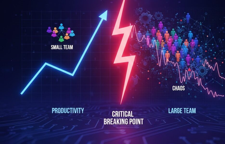 A high-impact featured image for a tech blog showing a glowing blue line graph representing 'Productivity' in a 'Small Team' hitting a red lightning bolt 'Critical Breaking Point,' which leads to a fragmented, chaotic 'Large Team' network on a dark digital circuit background.