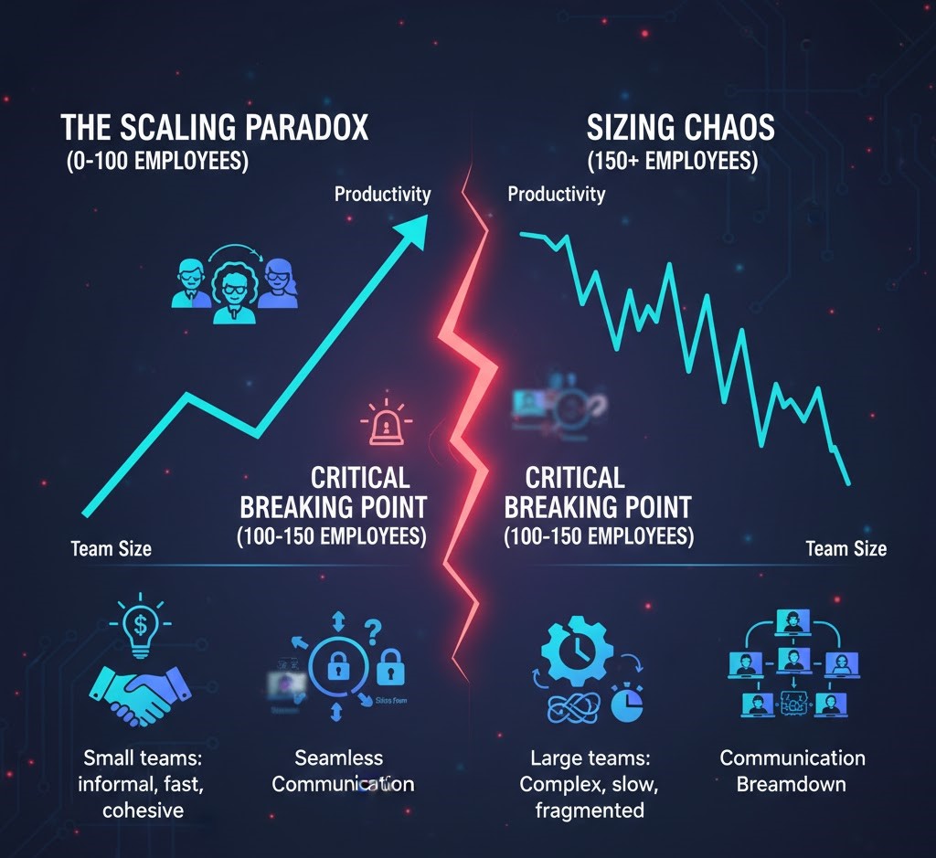 A professional business infographic titled 'Sizing Chaos' showing the Scaling Paradox. A graph illustrates high productivity in small teams (0-100 employees) followed by a sharp decline in productivity after the critical breaking point of 150+ employees due to communication breakdowns and fragmentation.