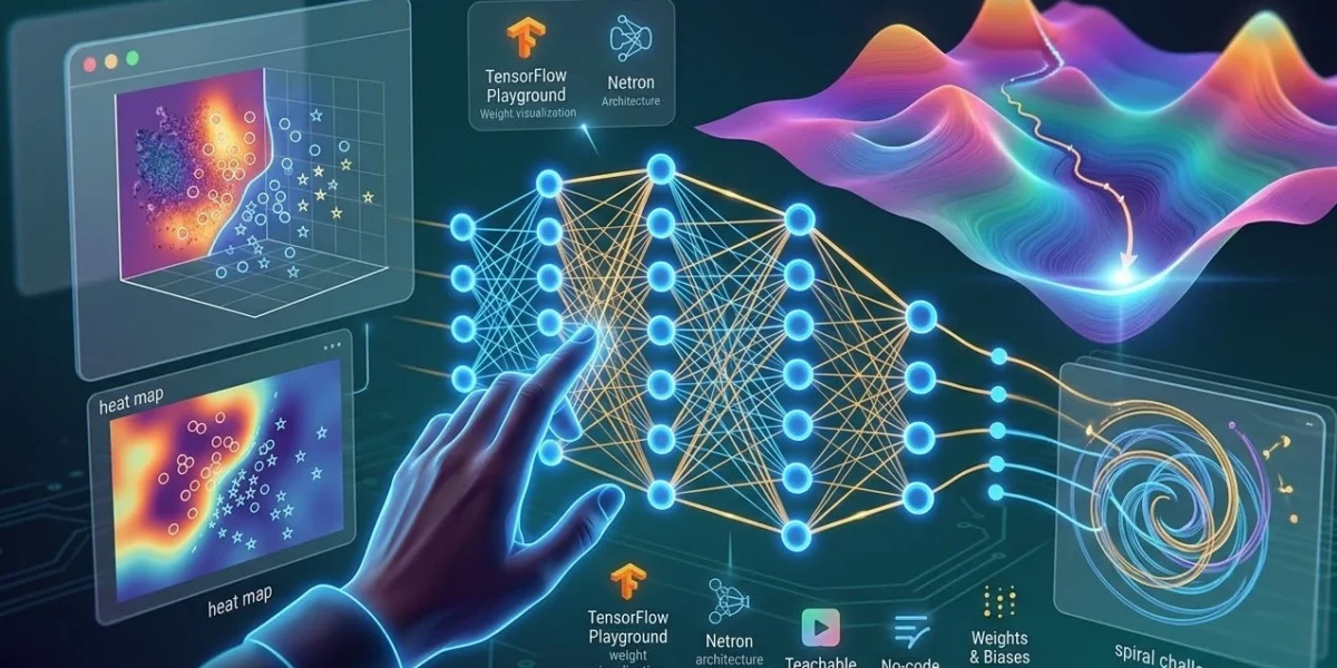 A glowing 3D interface showing a user interacting with a neural network, a loss landscape mountain, and the spiral dataset challenge.