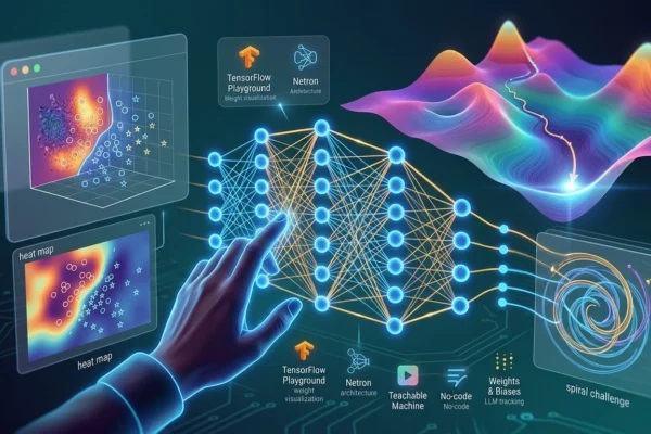 A glowing 3D interface showing a user interacting with a neural network, a loss landscape mountain, and the spiral dataset challenge.