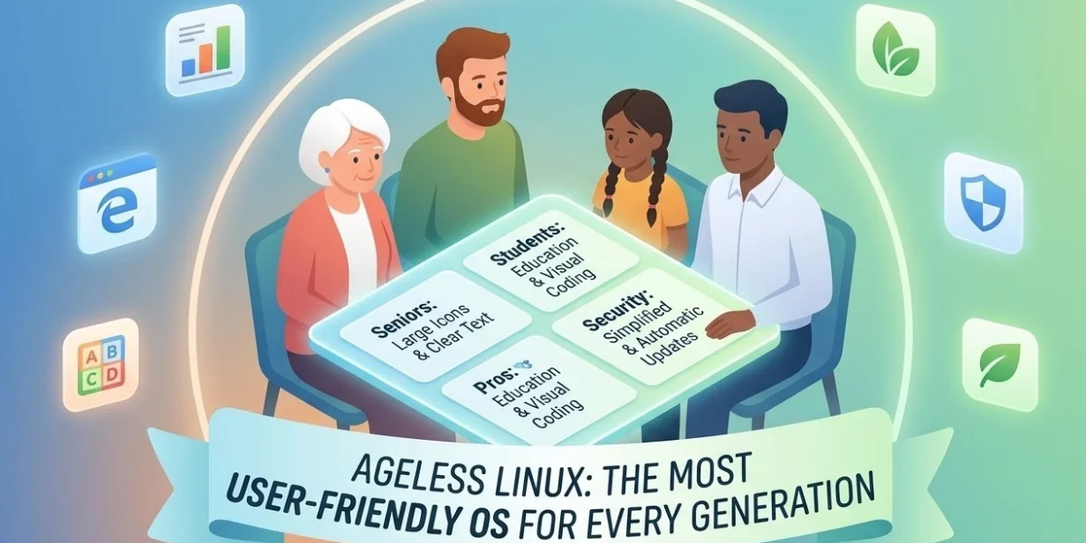 An illustration showing diverse users (seniors, students, professionals) interacting with a simplified, intuitive operating system interface