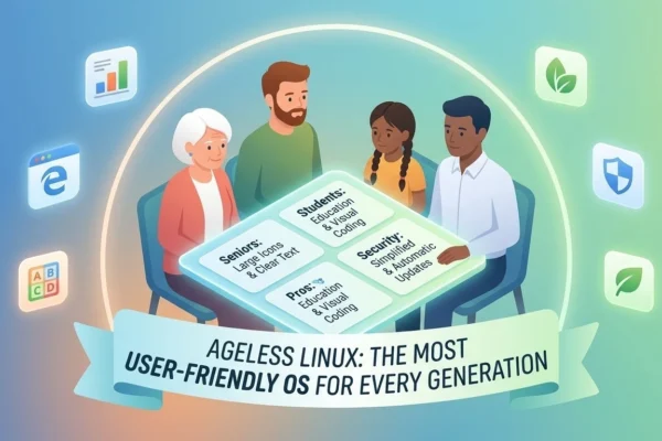 An illustration showing diverse users (seniors, students, professionals) interacting with a simplified, intuitive operating system interface