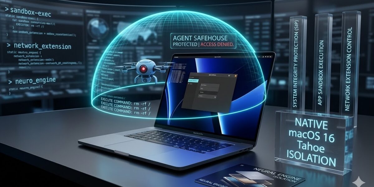 A detailed diagram illustrating how Agent Safehouse provides a secure dome around local AI agents using macOS 16 Tahoe security features, while blocking unsafe commands.