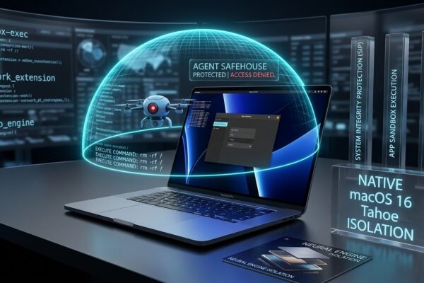 A detailed diagram illustrating how Agent Safehouse provides a secure dome around local AI agents using macOS 16 Tahoe security features, while blocking unsafe commands.