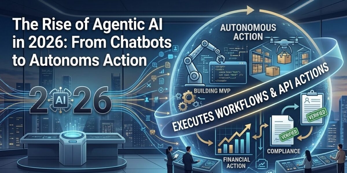 A header image illustrating the shift to 'AUTONOMOUS ACTION' in 2026, where a central AI hub ('2026') executes workflows, API actions, logistics coordination, and software development tasks simultaneously with human oversight.