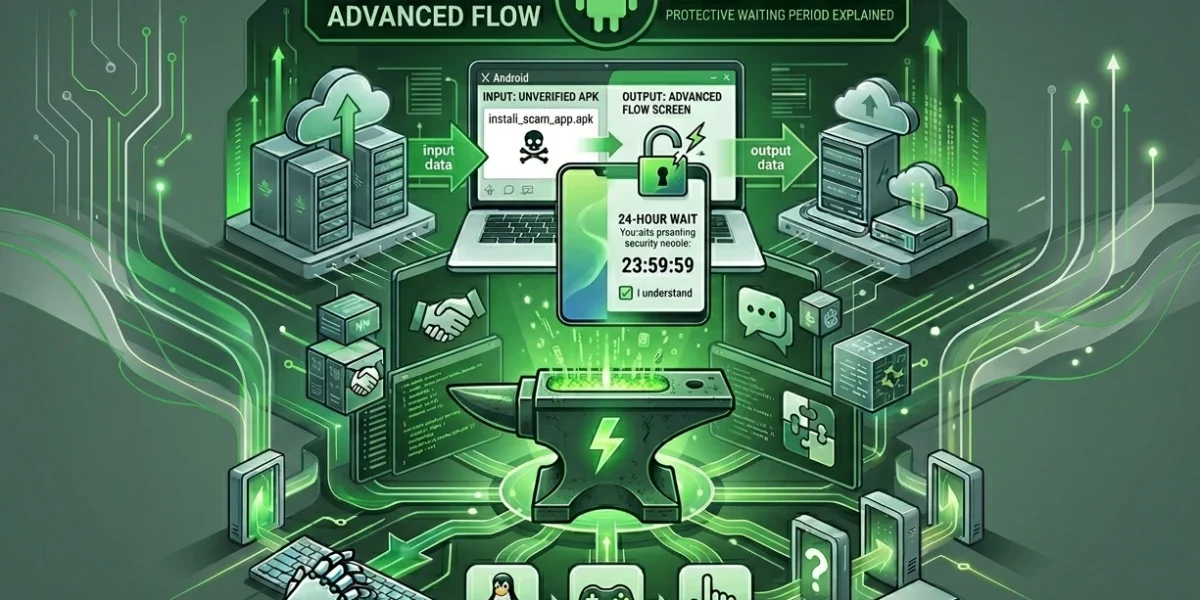 A futuristic illustration showing an Android phone, a security shield, a 24-hour countdown timer, and text: "Android Advanced Flow Explained: Navigating the 24-Hour Sideload Delay."