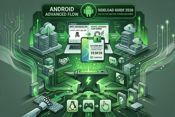 A futuristic illustration showing an Android phone, a security shield, a 24-hour countdown timer, and text: "Android Advanced Flow Explained: Navigating the 24-Hour Sideload Delay."