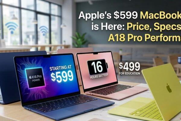A vibrant product photograph of the new MacBook Neo line in a modern cafe, showcasing the Indigo, Blush, and Citrus color options with screens highlighting the A18 Pro chip and $599 price.