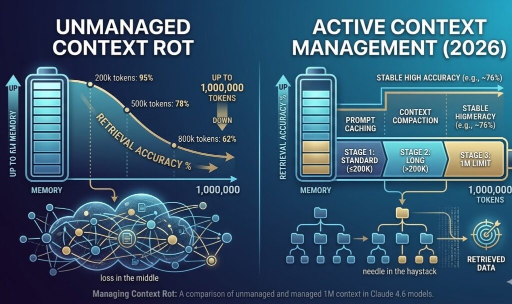 An infographic comparing 'Unmanaged Context Rot' vs 'Active Context Management (2026)' for 1M token windows, showing accuracy curves, 'loss in the middle' issues, and compaction techniques.